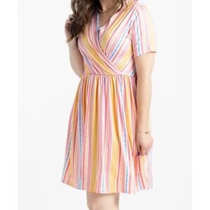 LuLaRoe Womens Dress Size Large Chantale Cross Front Blue Stripes Pockets NWT